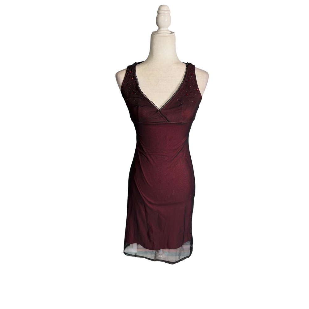 Bisou Bisou Red Black Mesh Overlay Midi Dress Rhinestone Goth XS